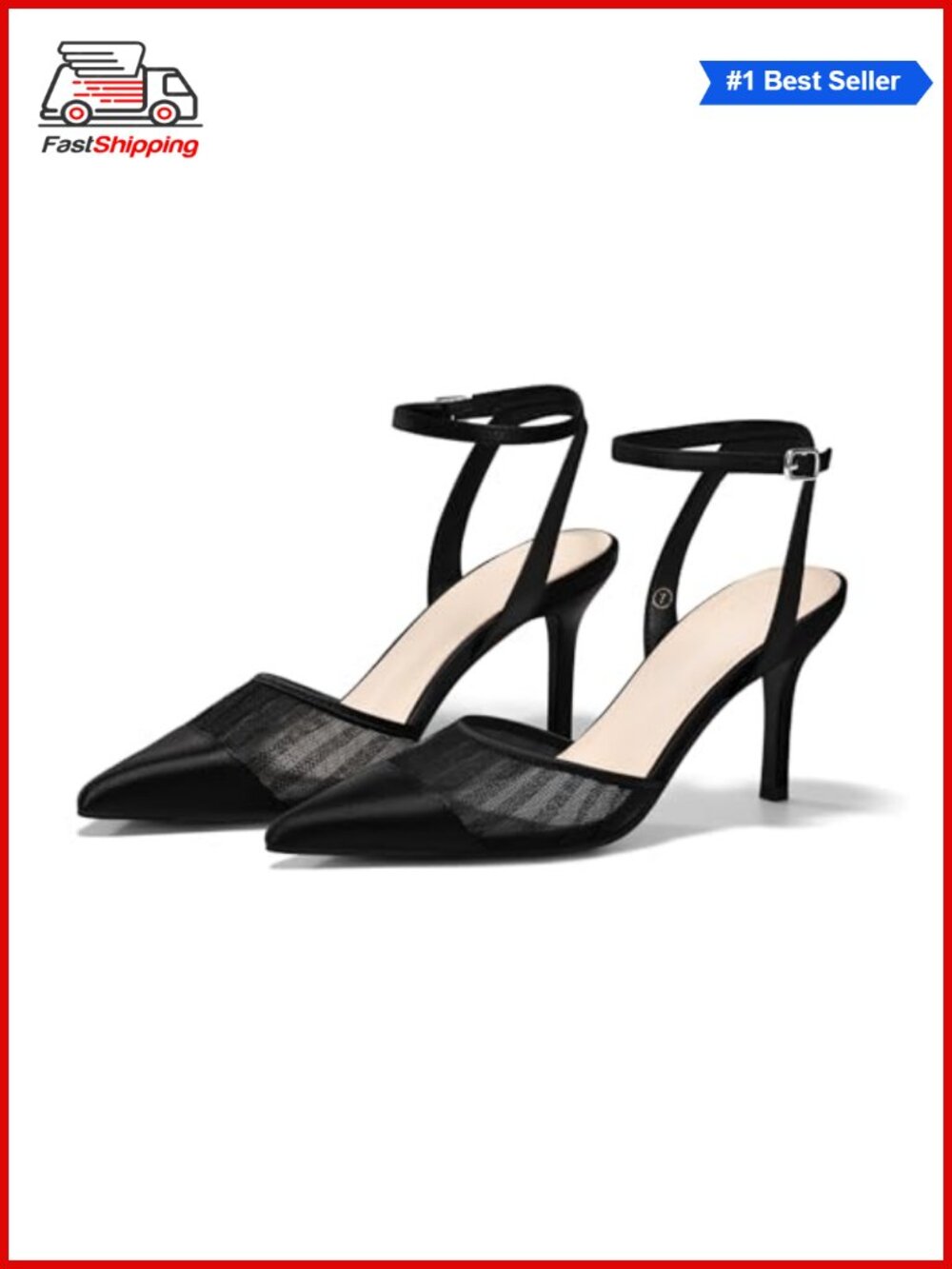 ✨Coutgo Women's Pointed Toe Mesh Satin High Heel Ankle Strap Dress Pumps
